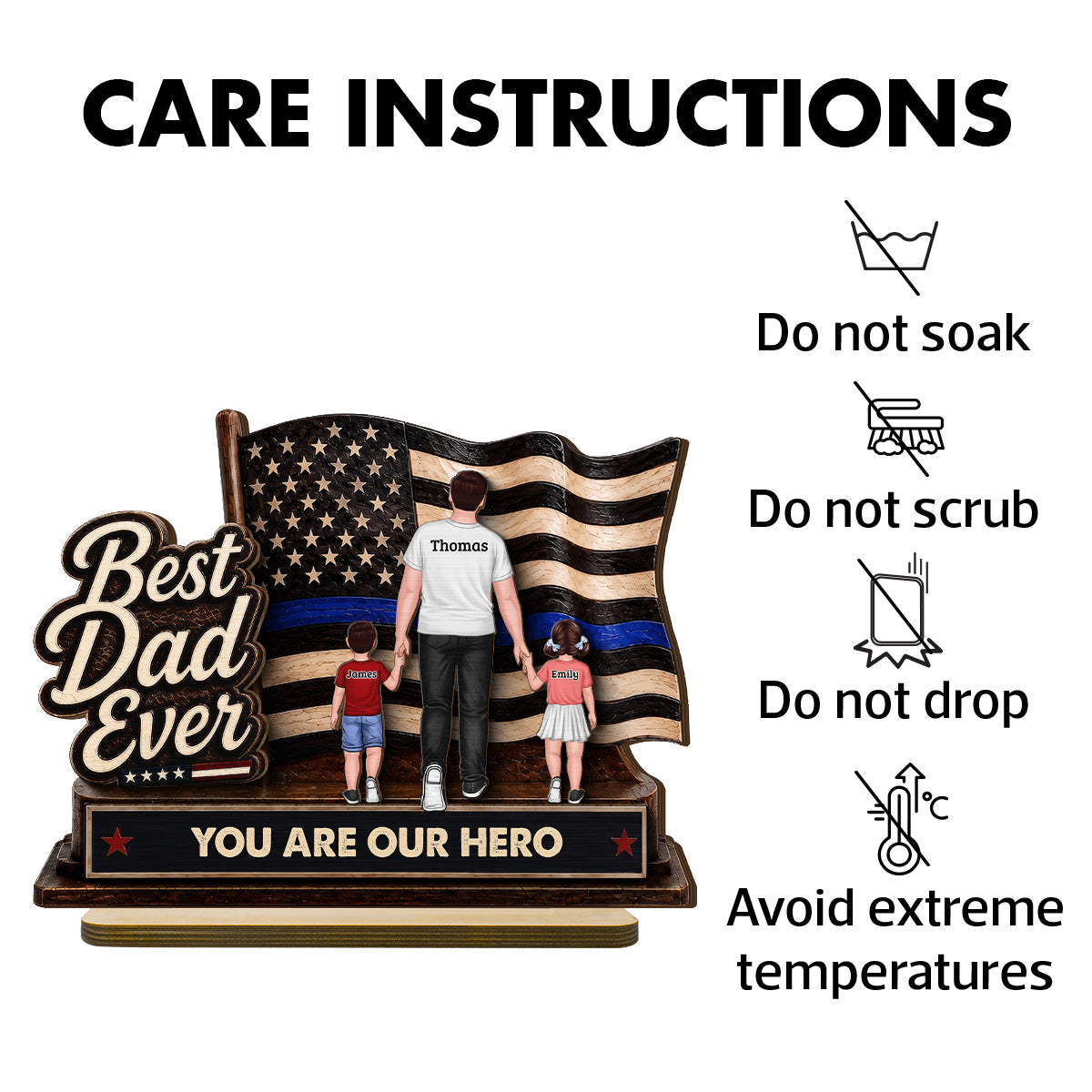 Best Dad Ever Our Hero American Flag 2D Flat - Personalized 2-Layered Wooden Plaque -  Gift For Patriotic Dad, Grandpa, Husband