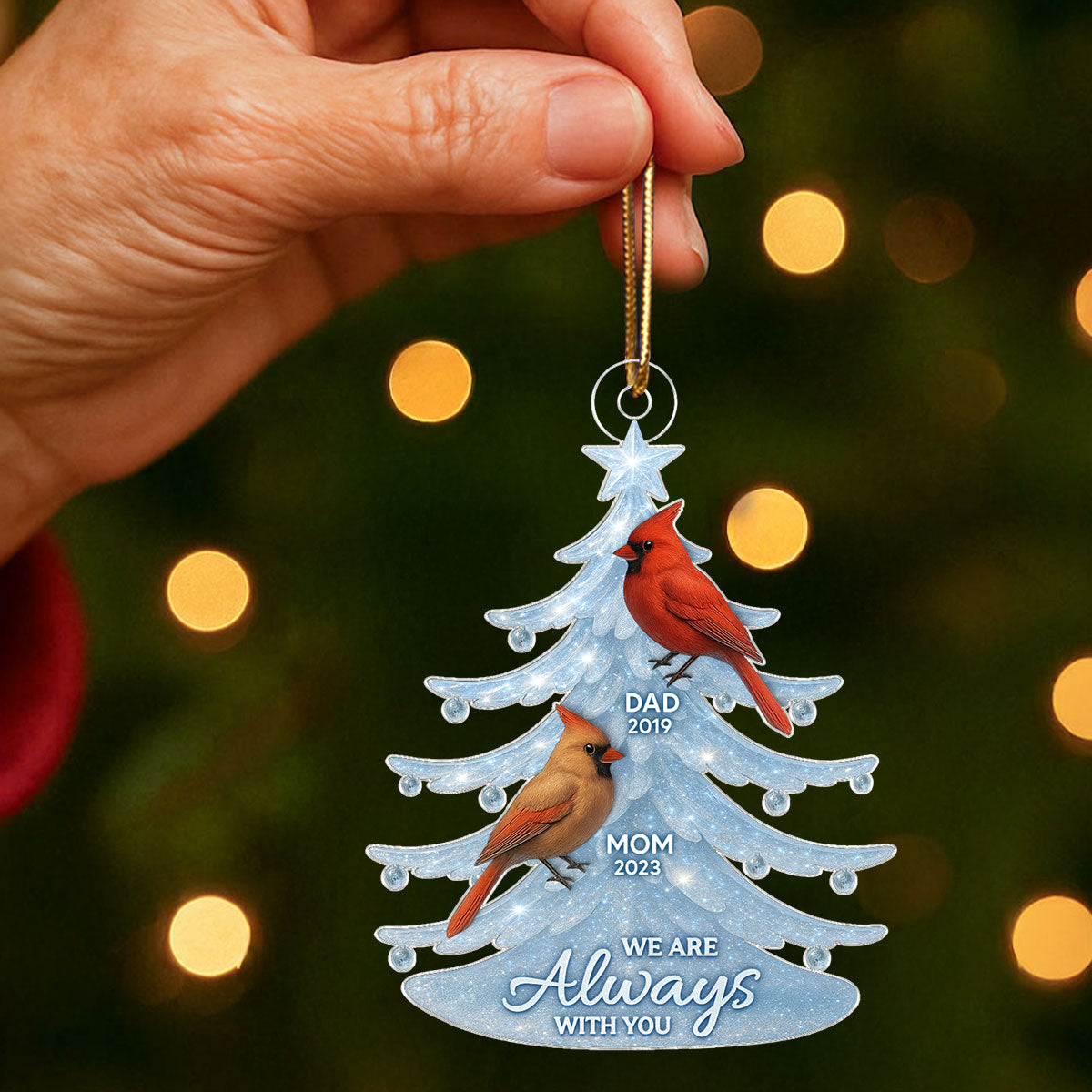 Crystal Christmas Tree Cardinals 3D Effect Personalized Acrylic Ornament, Heartwarming Memorial Sympathy Gift