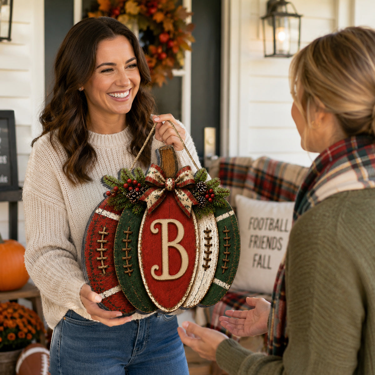 Pumpkin Football Family Initial - Personalized Door Hanger Sign - Rustic Front Porch Fall Decor