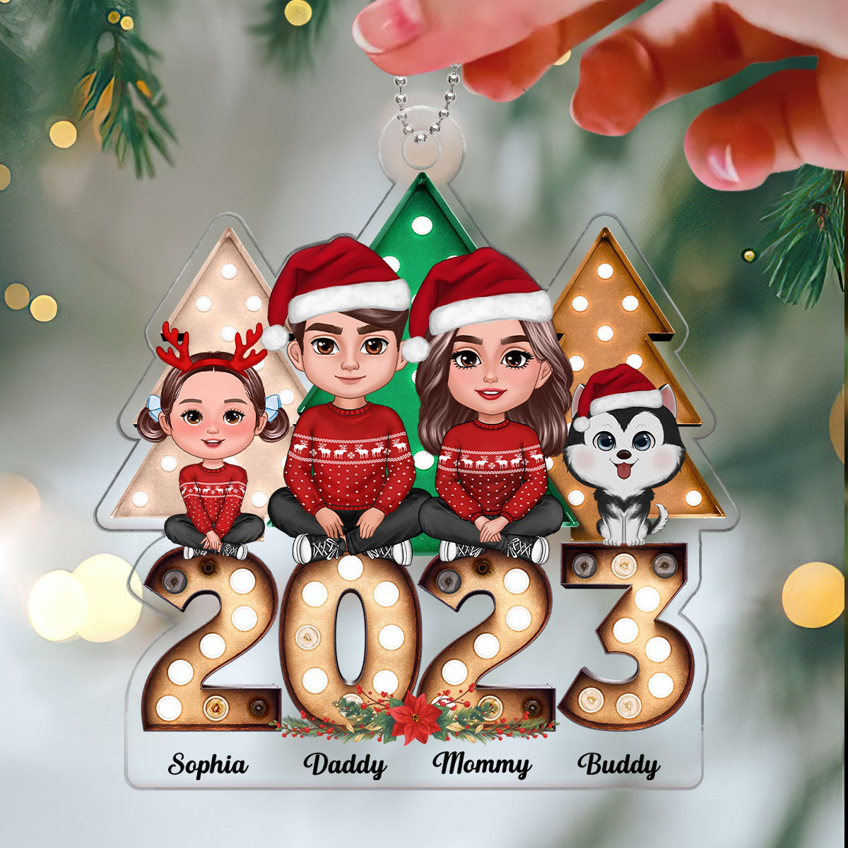 Christmas Tree Marquee Family Sitting Personalized Acrylic Ornament