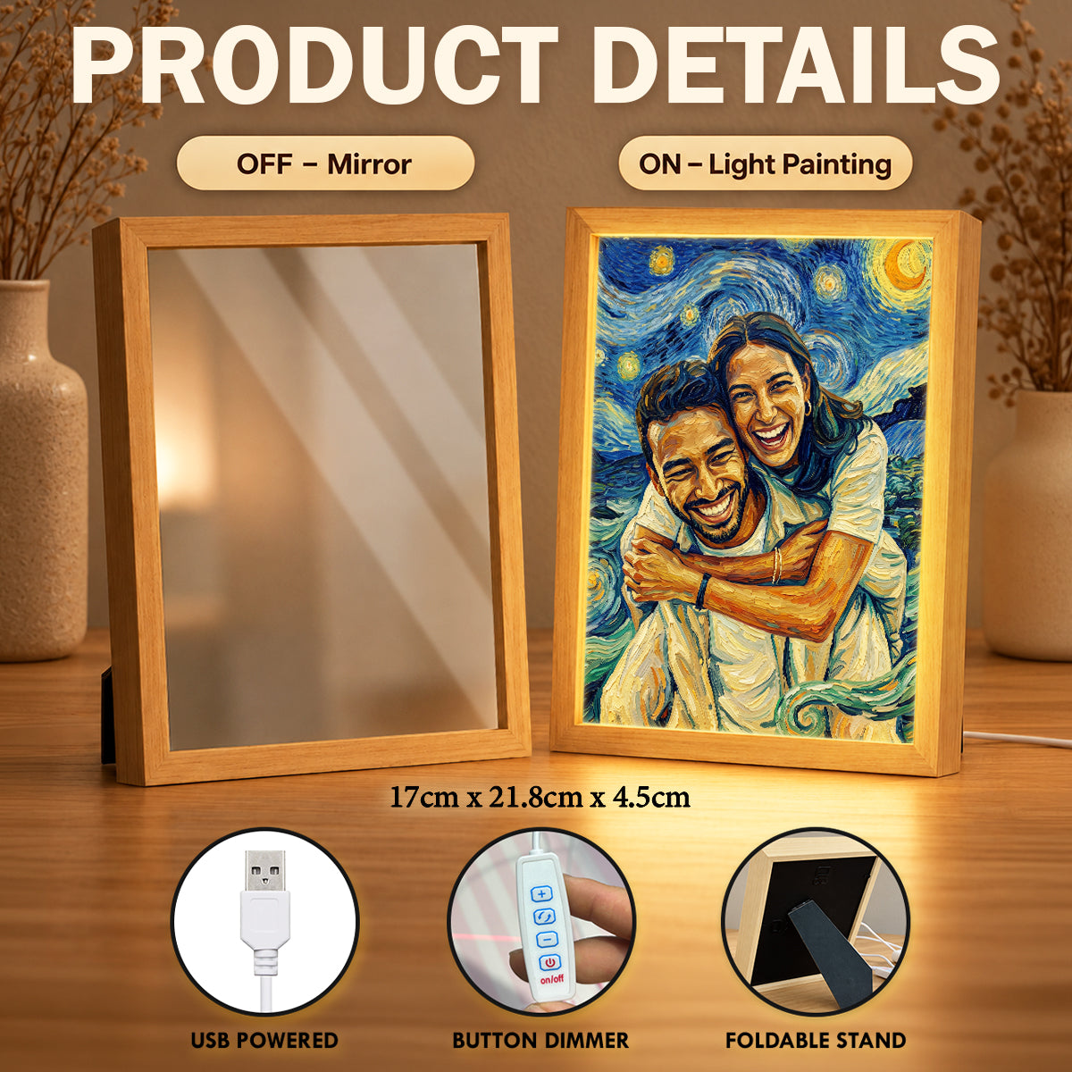 Custom Couple Van Gogh Portrait from Photo - Personalized Mirror Light Box - Heartfelt Anniversary Gift for Her, for Him, Christmas Keepsake