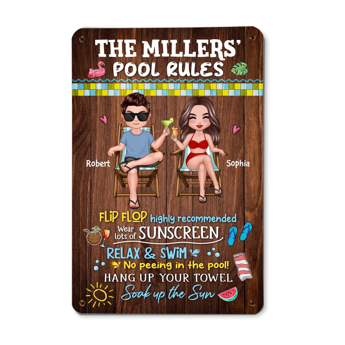 Family Pool Rule Sign Couple Wood Effect Personalized Metal Sign