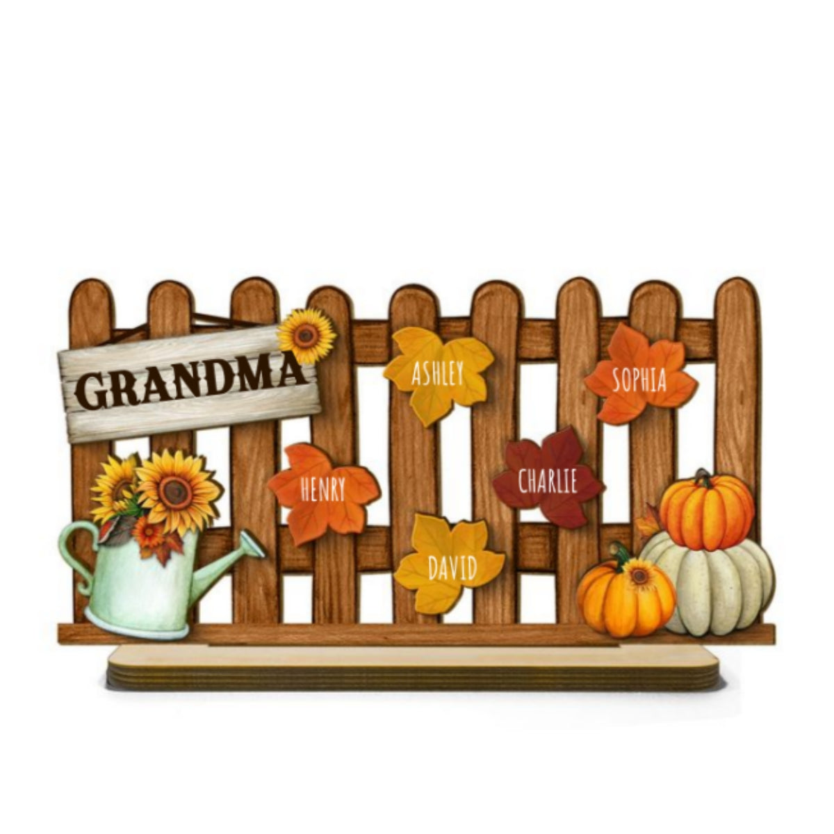 Grandma Mom Fall Leaves On Fence Personalized 2-Layer Standing Wooden Plaque, Fall Season Decor