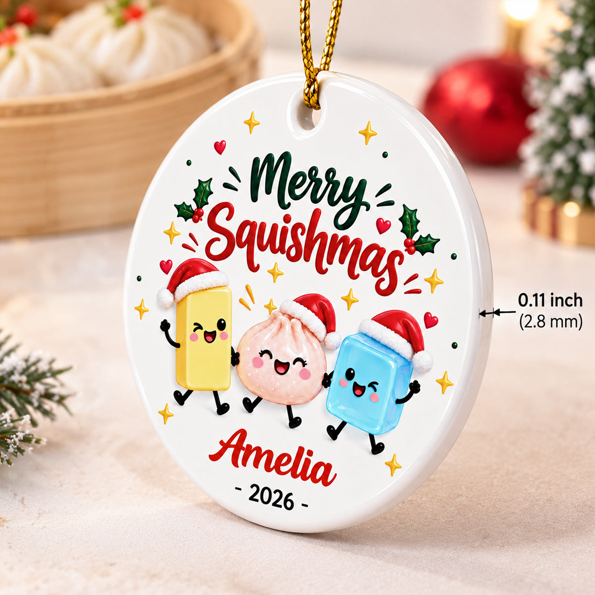 Merry Squishmas 2026 Custom Name - Personalized Ceramic Ornament - Christmas Keepsake For Squishy Hunting Lover, Viral Squishy Dumpling Trend