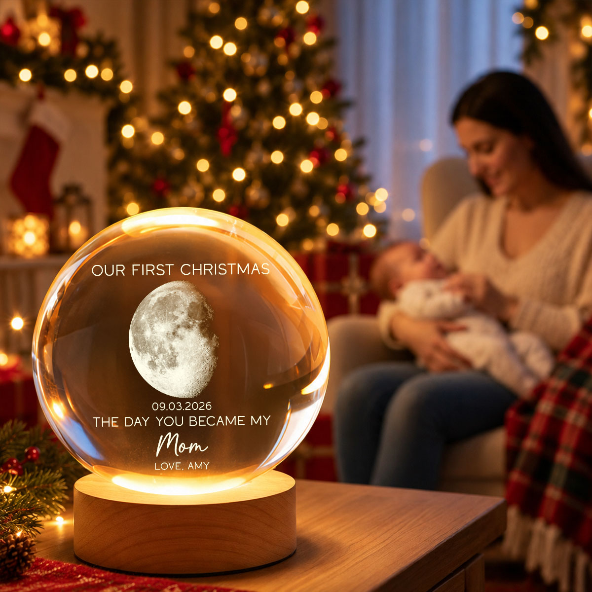 The Day You Became My Mom Dad Custom Moon Phase First Christmas - Personalized Crystal Ball LED Night Light - Christmas Gift For New Mom, New Dad, New Parents