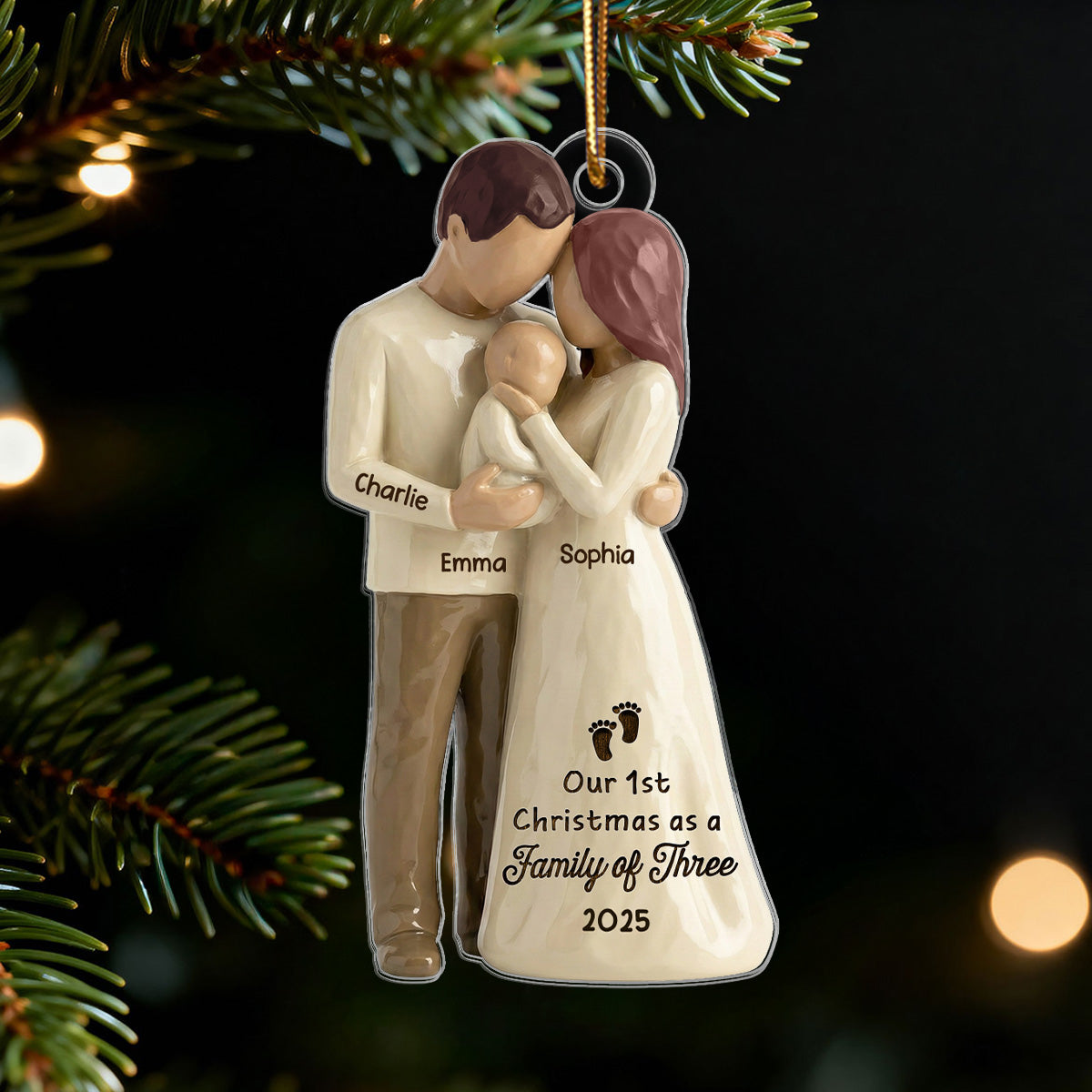 3D Effect First Christmas As Family Of Three Mom Dad & Baby - Personalized Car Hanger