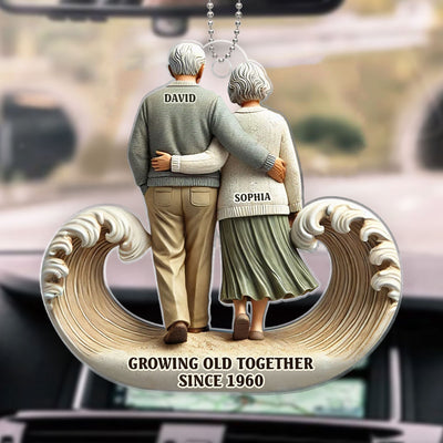 3D Effect Sea Waves Old Couple Walking Together Personalized Car Hanger Ornament, Heartfelt Gift For Couple, For Him, For Her, Husband, Wife