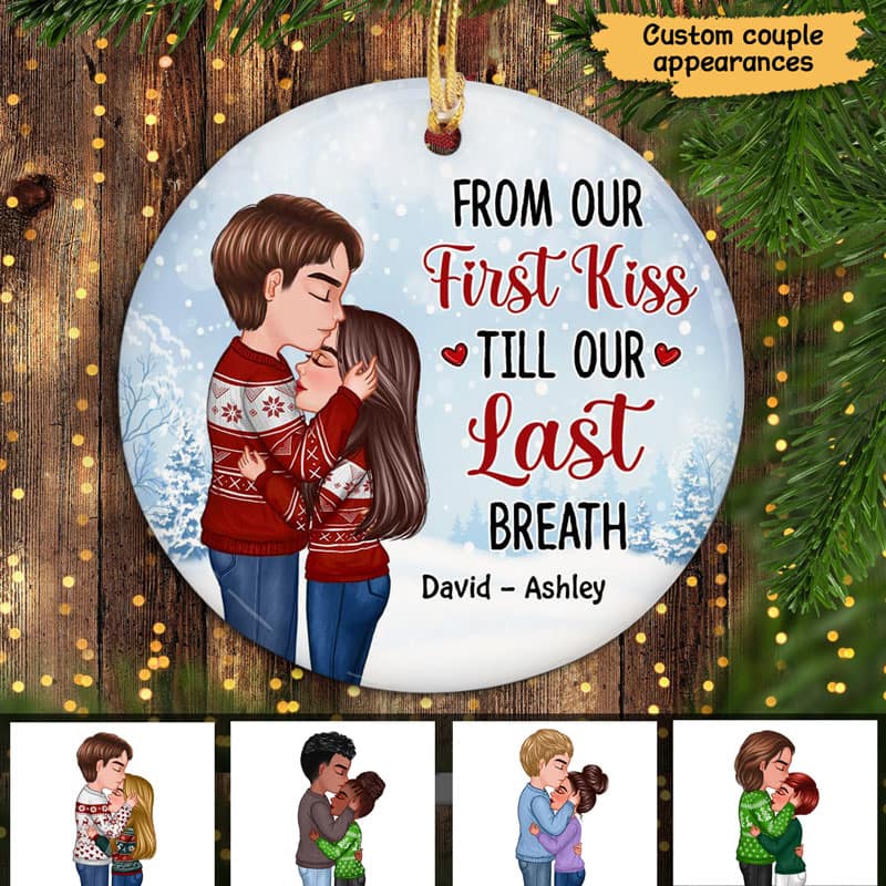 Doll Couple Kissing Under Snow Personalized Circle Ornament
