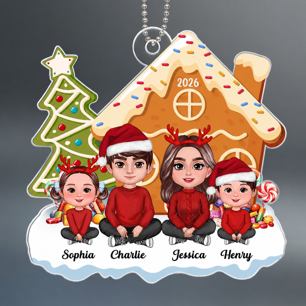 Family Crossed Legs Sitting Christmas Tree Cake Patterned Gingerbread House Personalized Acrylic Ornament