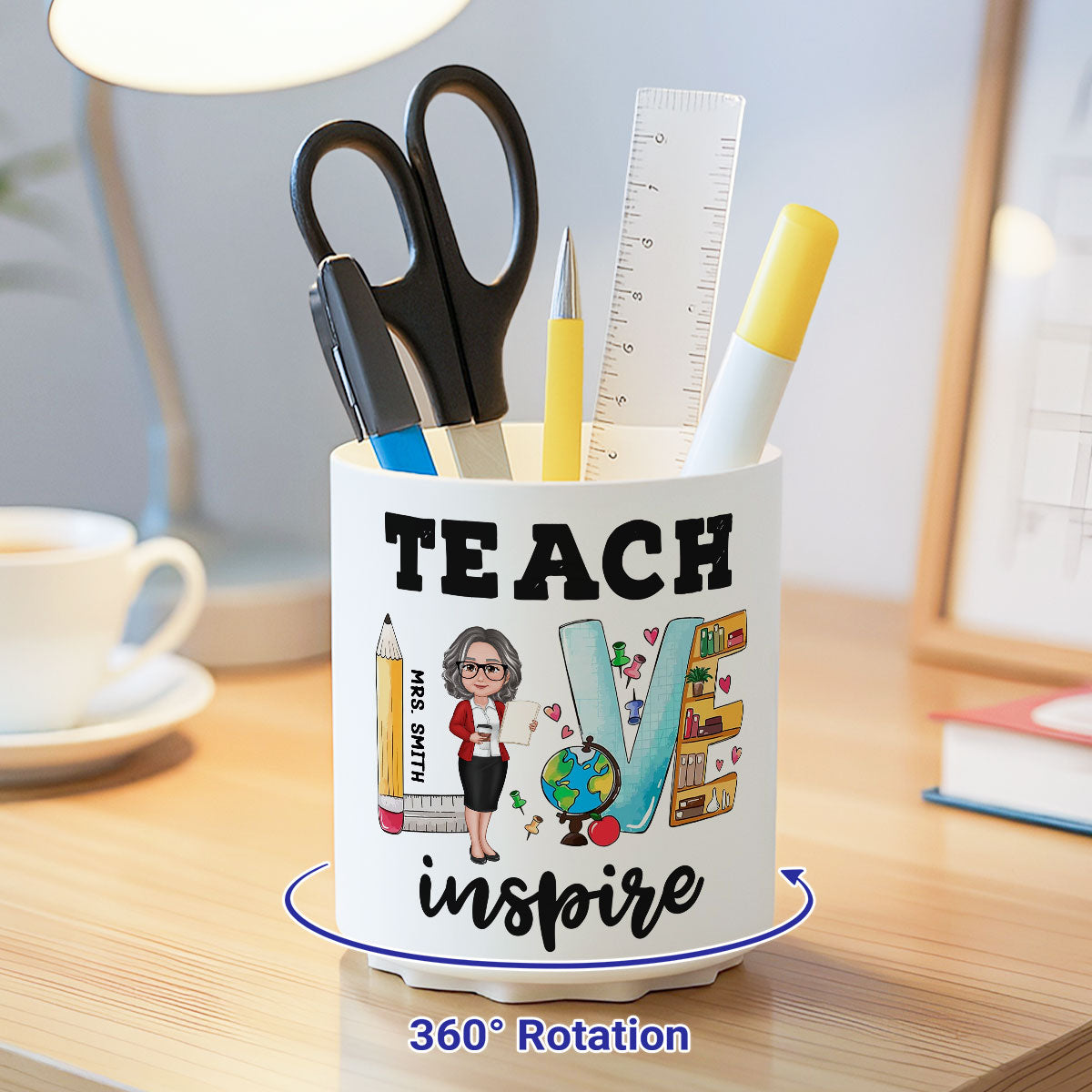 Teach Love Inspire Doll Teacher Pattern Personalized Rotating Pen Holder, Back To School Gift, Teacher Appriciation Gift