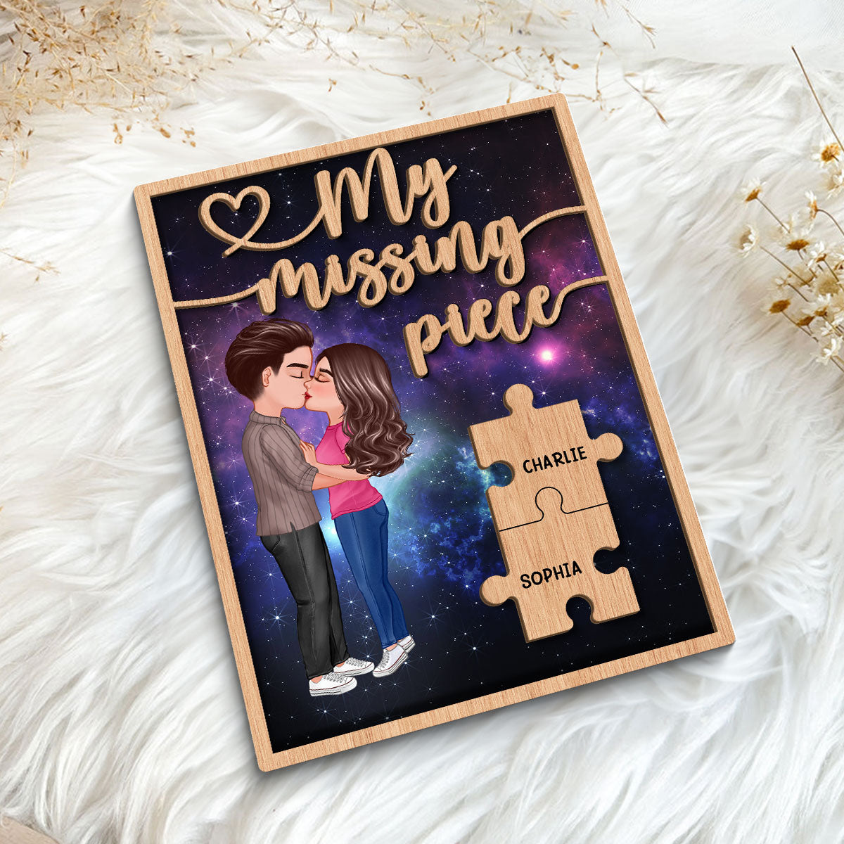 My Missing Piece Couple Kissing Galaxy Valentine‘s Day Gift For Him For Her Personalized 2-Layer Wooden Plaque