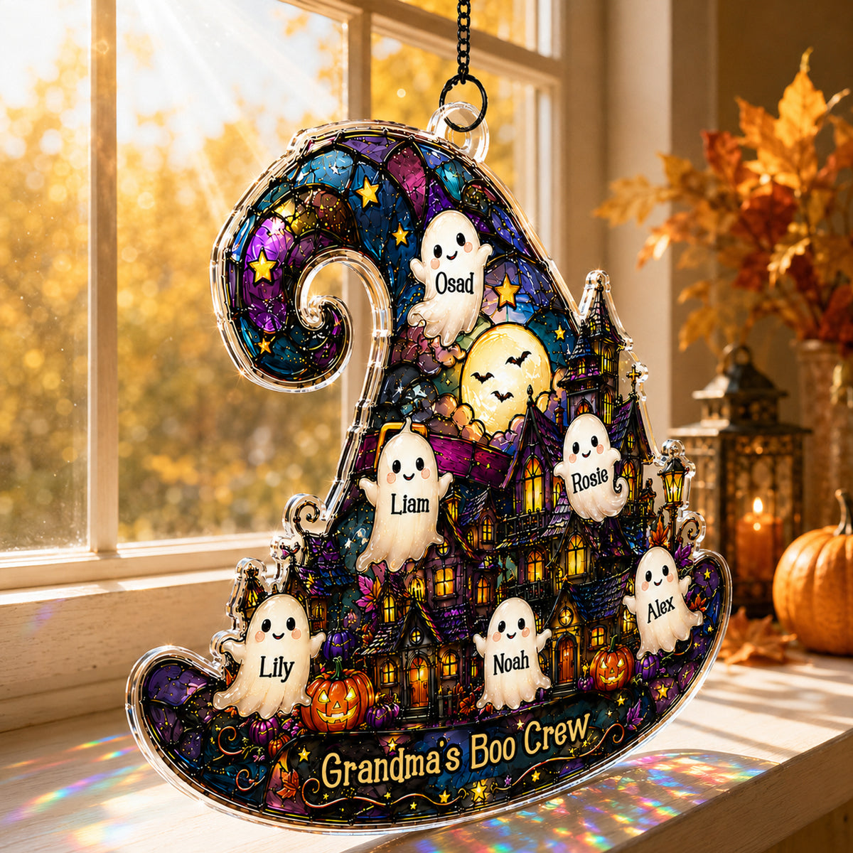 Halloween Village Witch Hat Grandma - Personalized Suncatcher - Halloween Decor Gift, Gift For Grandma