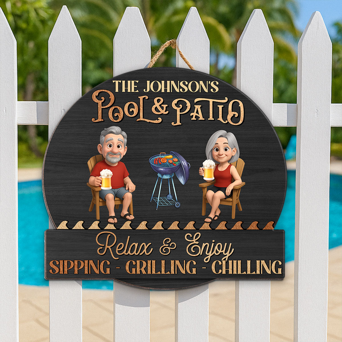 Summer Couple Pool & Patio Sipping Chilling - Personalized Custom Shaped Wood Sign