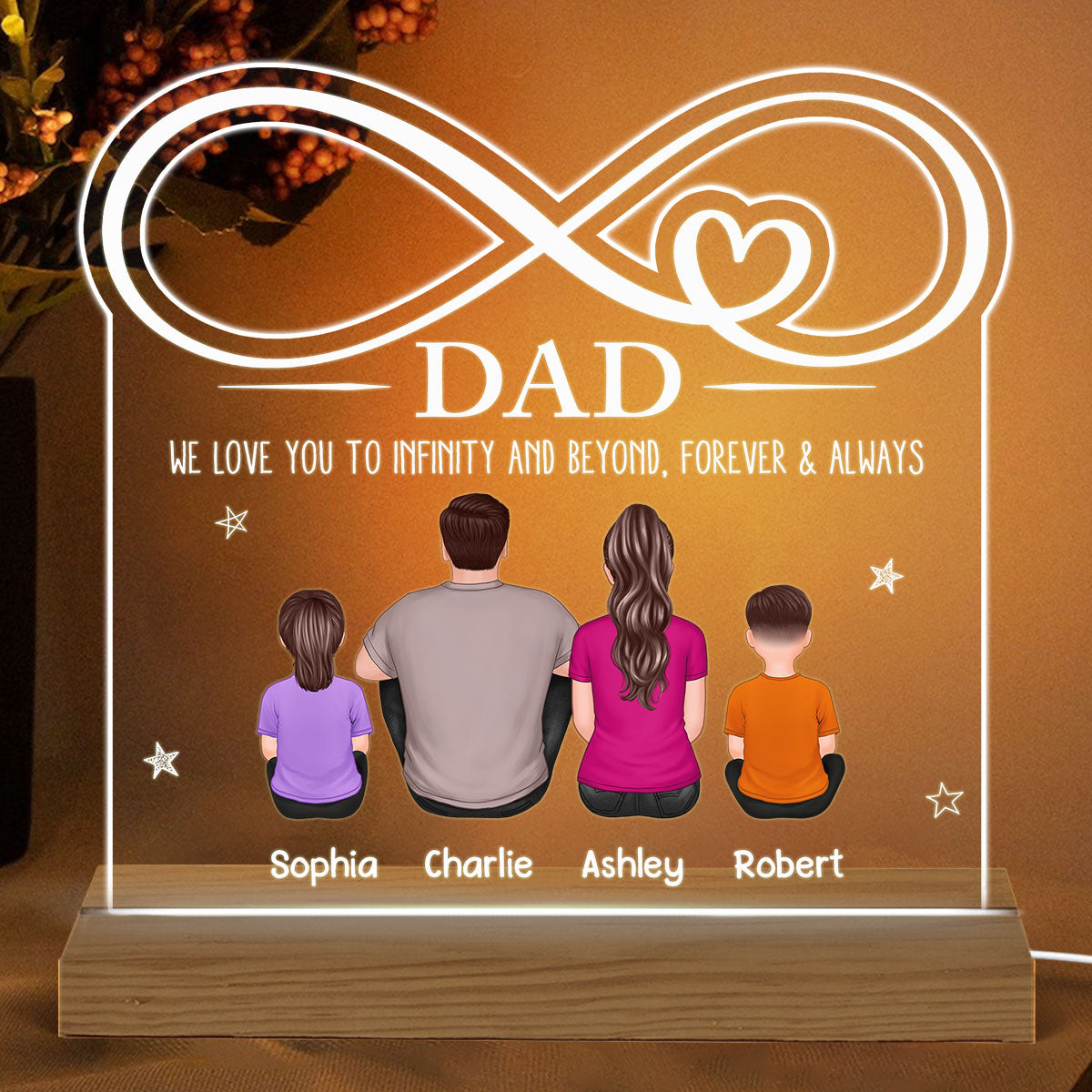 Dad We Love You To Infinity Back View Man & Kids Dog Cat Personalized Custom Shape Acrylic Plaque With Warm LED Night Light