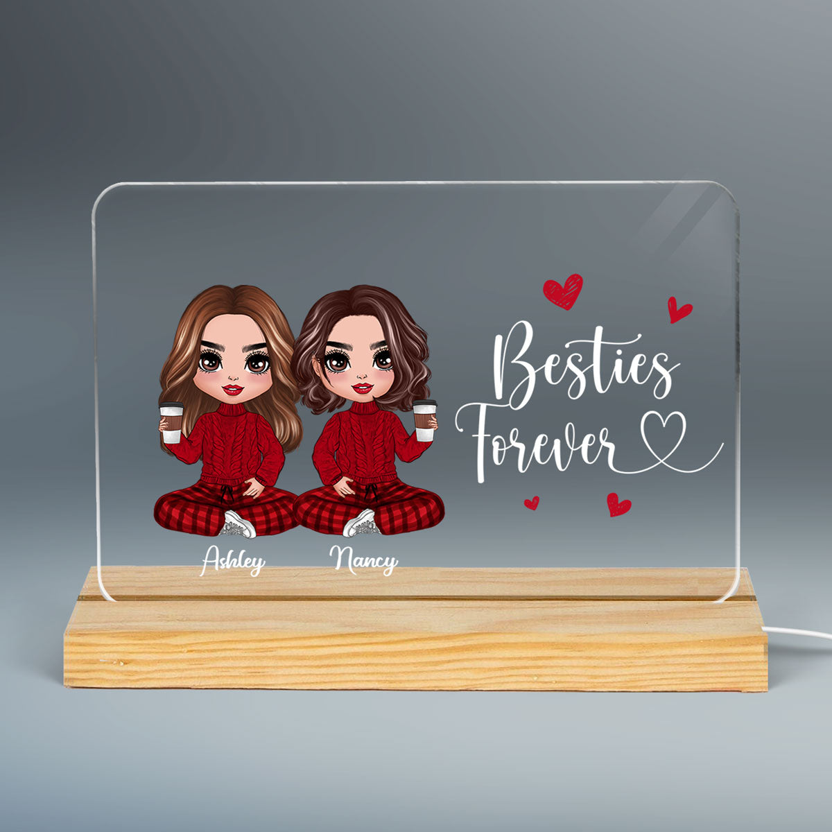 Doll Besties Sisters Sitting Gift For Best Friends Sisters Personalized Custom Shape Horizontal Rectangle Acrylic Plaque LED Night Light