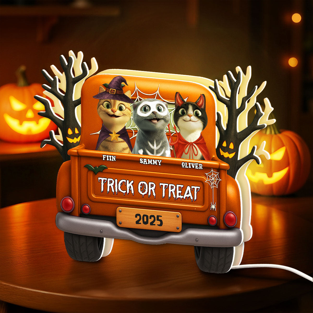 Halloween Cats On Truck Personalized Light Box, Halloween Decoration