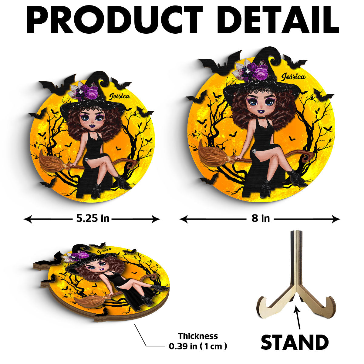 Halloween Witch Sitting On Broom Personalized 2-Layer Wooden Plaque, Halloween Decoration