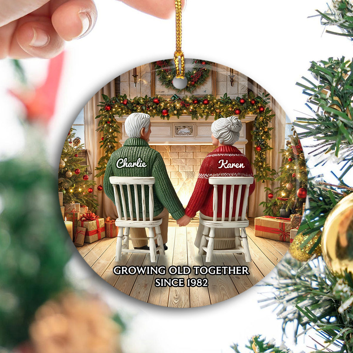 Back View Old Couple Growing Old Together Christmas Personalized Ceramic Ornament, Christmas Gift For Him, For Her, Husband, Wife