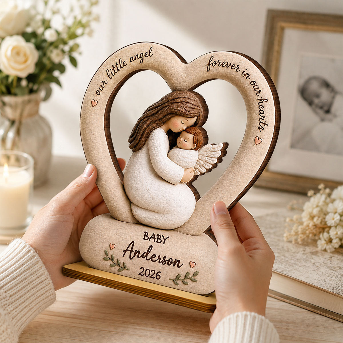 Our Little Angel Forever In Our Hearts - Personalized 2-Layered Wooden Plaque - Memorial Gift