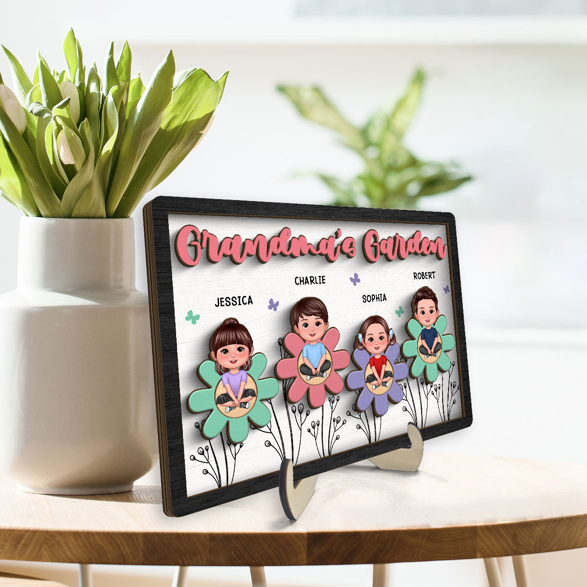 Grandma Mom Garden Crossed Legs Colorful Flowers Personalized 2-layer Wooden Plaque