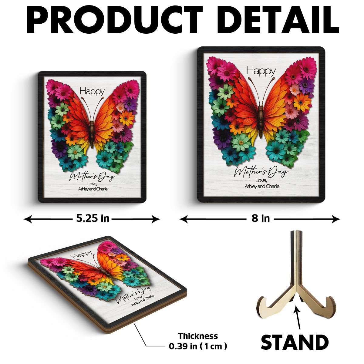 Mother's Day Butterfly Flowery Wings 2D Flat, Personalized 2-Layered Wooden Plaque, Gift for Mom, 3D Effect
