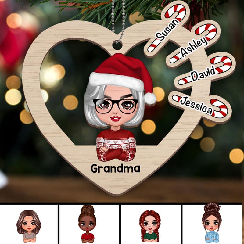 Grandma Heart Candy Canes Personalized Wooden Ornament