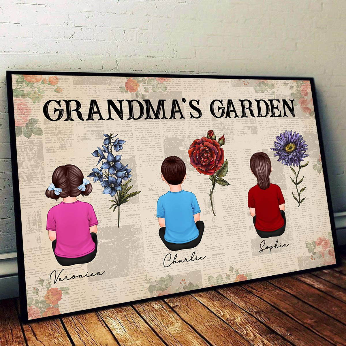 Newspaper Background Grandkids Sitting Grandma Garden Vintage Birth Month Flowers Personalized Horizontal Poster