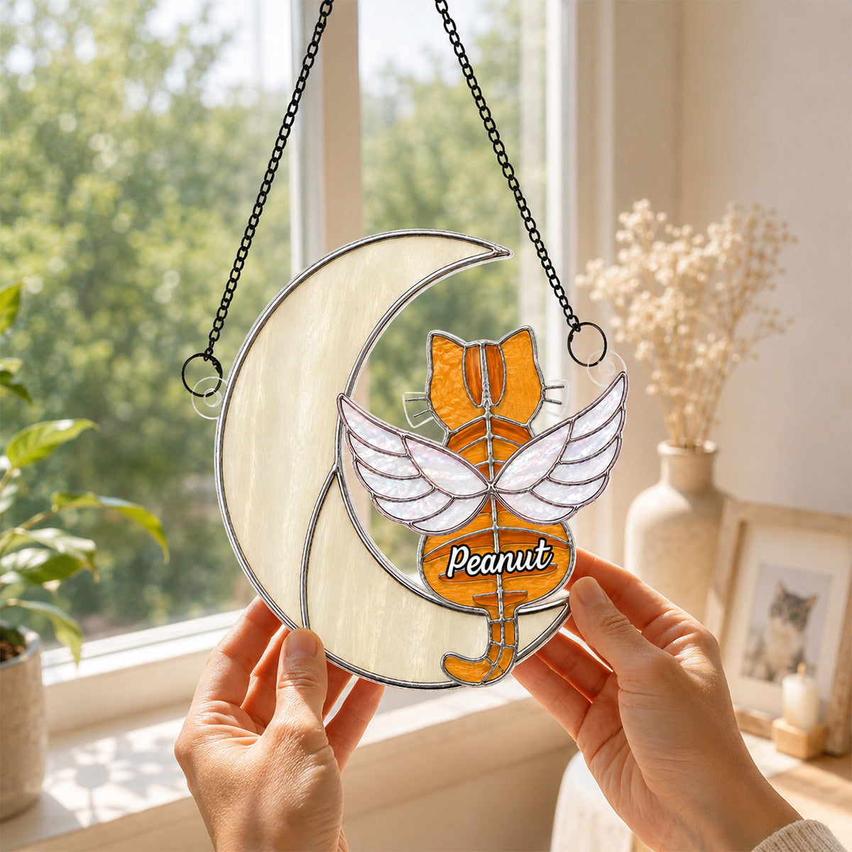 Cat Sitting On Moon Memorial Pet Loss - Personalized Acrylic Window Hanging - Pet Memorial Gift, Pet Loss Sympathy Gift