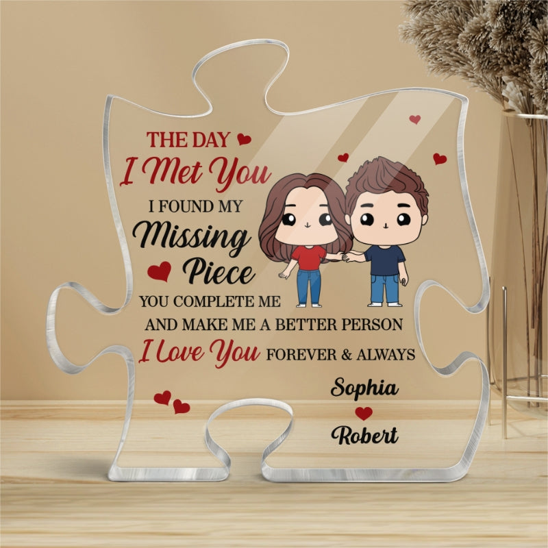Cute Chibi Couple Found My Missing Piece Personalized Puzzle Acrylic Plaque