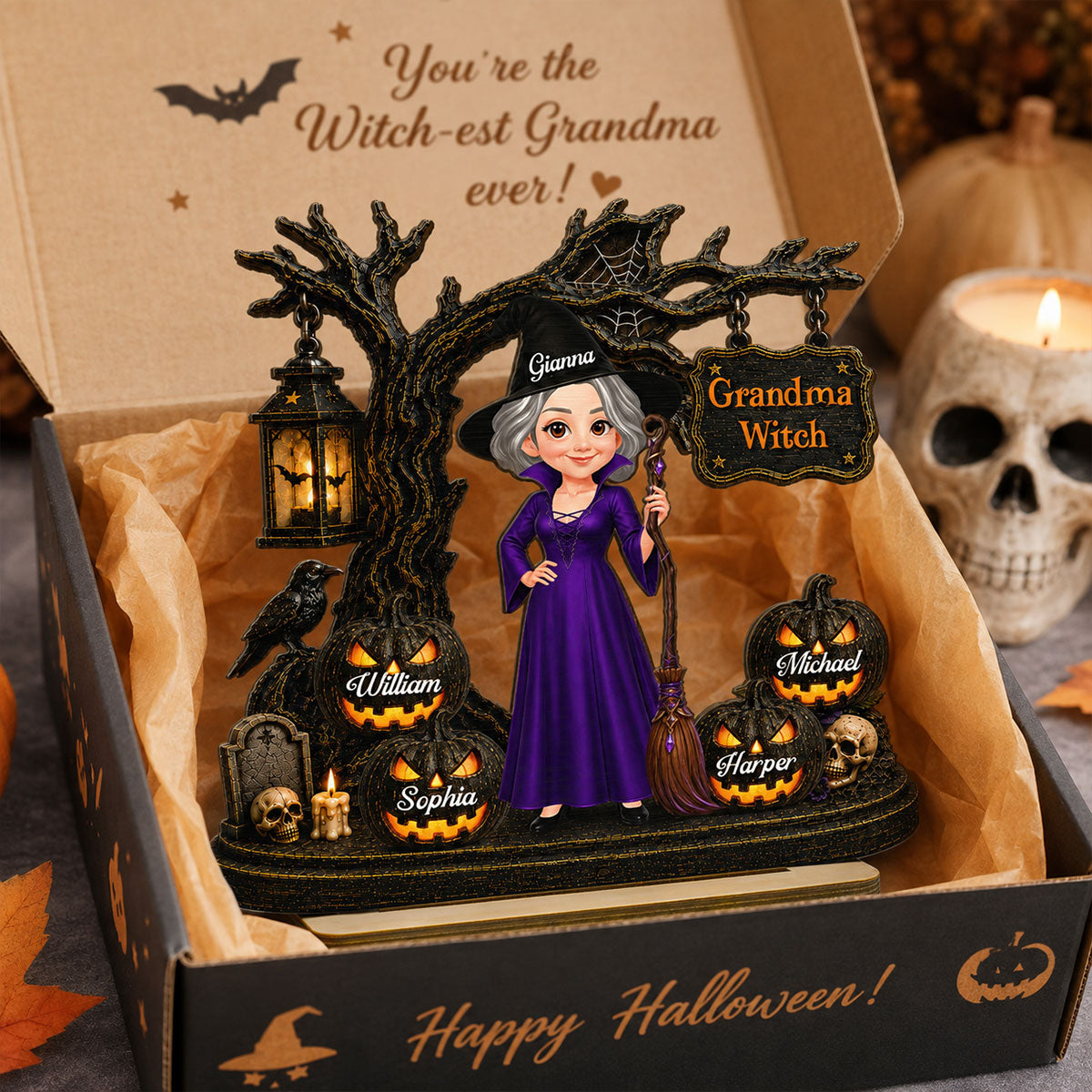 Grandma Witch With Grandkids Jack-O’-Lanterns - Personalized Wooden Plaque - Spooky Halloween Gift For Grandma