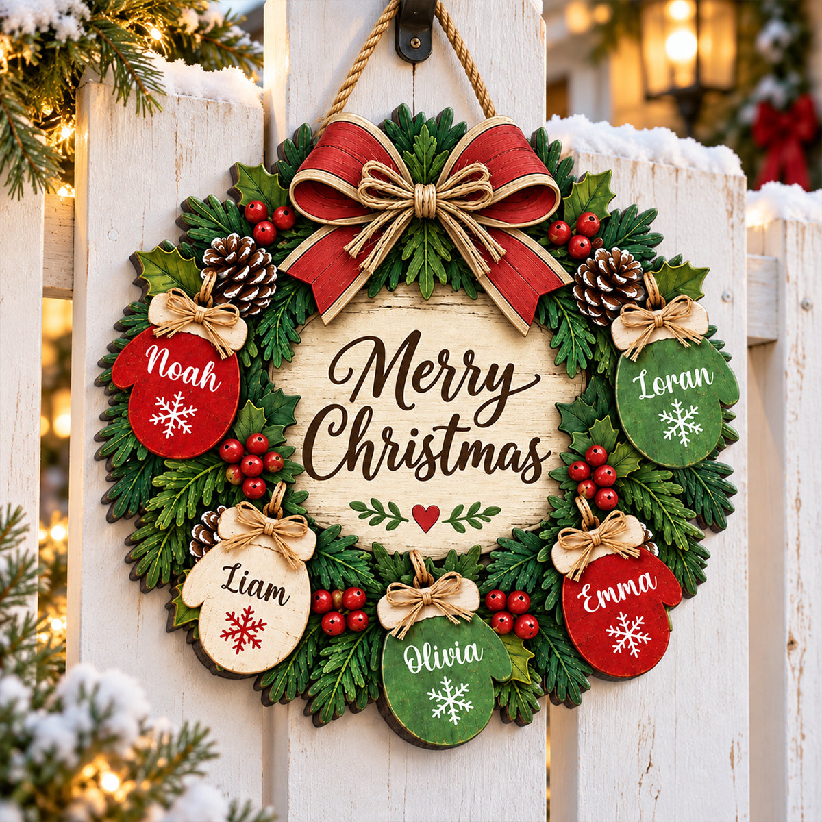 Home For The Holidays Mittens On Wreath 2D Flat Printed - Personalized Wood Sign - Christmas Decor For Family, Grandparents