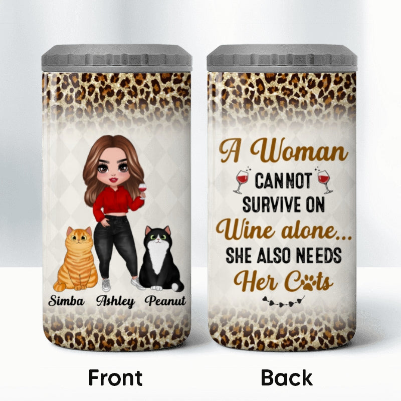 Cat Mom Cannot Survive On Wine Alone Leopard Multi Use Tumbler - Personalized 4 In 1 Can Cooler - Gift For Cat Moms