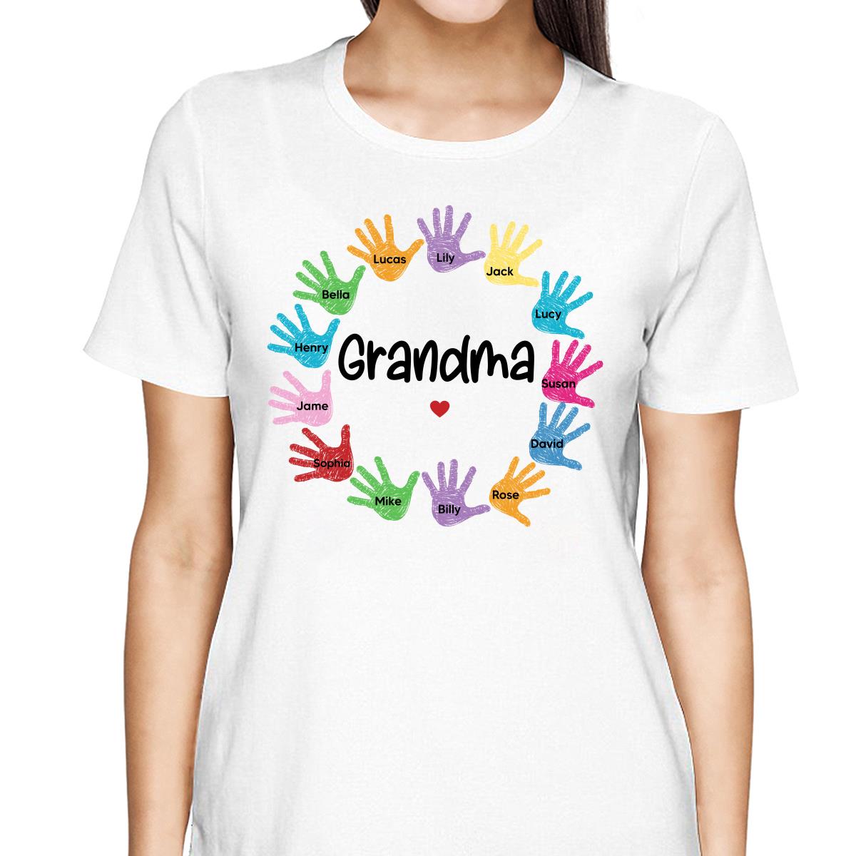 Colorful Sketch Handprints Grandma Mom Kids Names Personalized Shirt