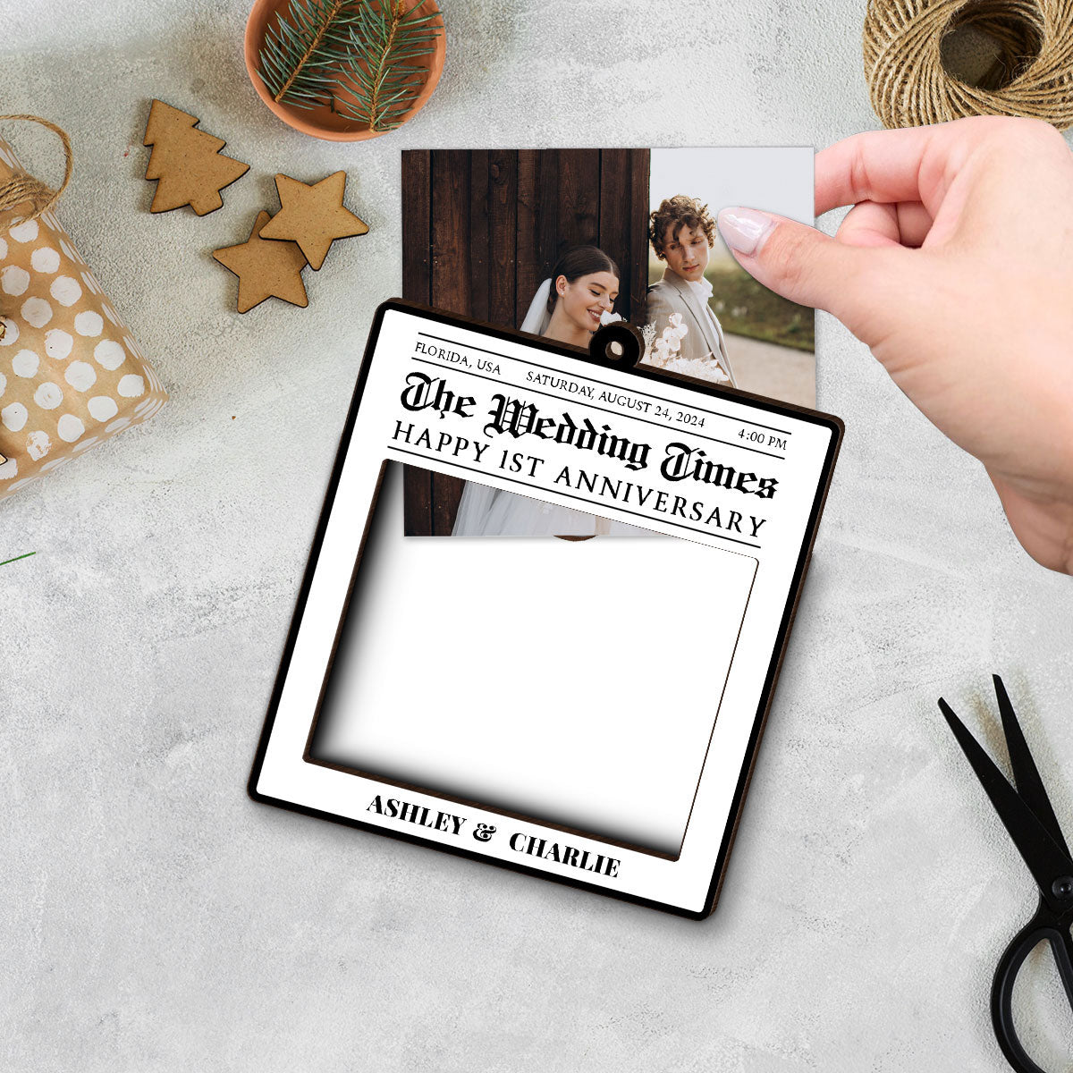 Newspaper Newlywed Anniversary Personalized Photo Frame Ornament, Unique Christmas Gift for Newlywed, Couple, Hanging Photo Car Ornament
