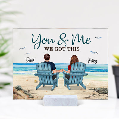 Back View Couple Sitting Beach Landscape Personalized Acrylic Plaque, Anniversary Gift For Him, For Her