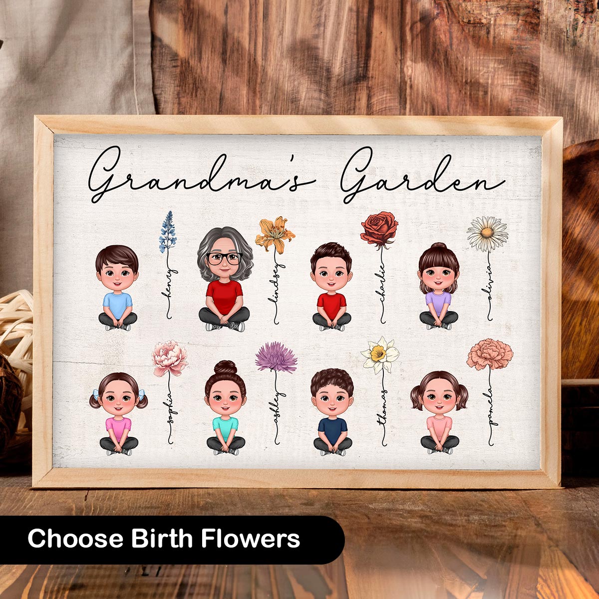 Grandma Grandkids Sitting Crossed Legs Garden Vintage Birth Month Flowers Mother‘s Day Gift Personalized Horizontal Poster