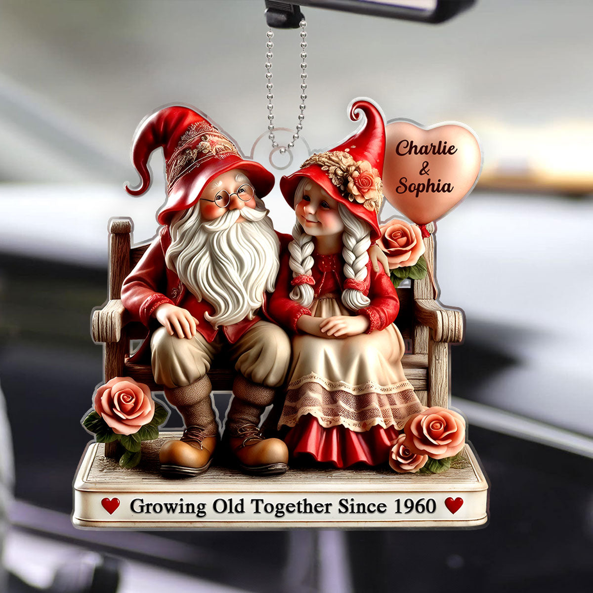 3D Effect Gnome Old Couple Sitting On Bench Personalized Car Hanger Ornament, Valenine's Day Gift For Couple, For Him, For Her, Husband, Wife