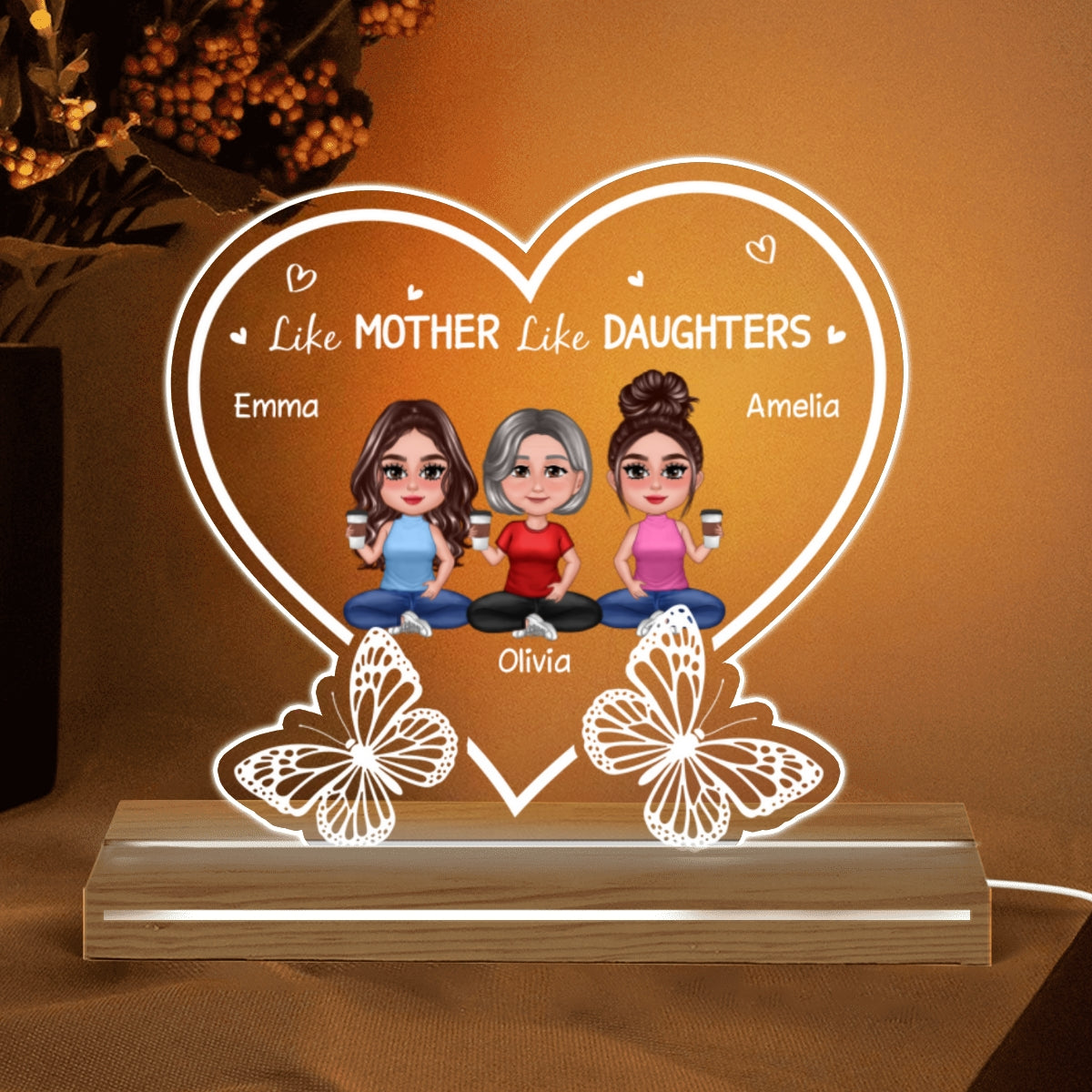 Pretty Doll Mother Daughters With Butterflies Personalized Acrylic Custom Shape LED Night Light