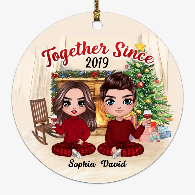Doll Couple Sitting At Christmas Fireplace Personalized Circle Ornament