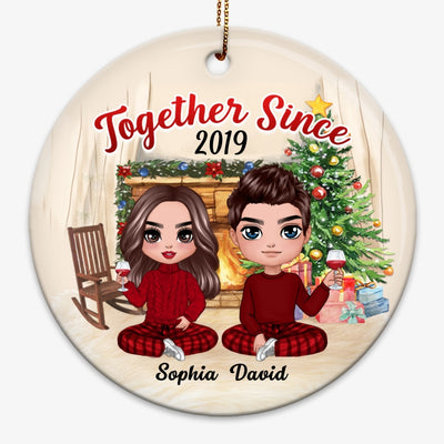 Doll Couple Sitting At Christmas Fireplace Personalized Circle Ornament