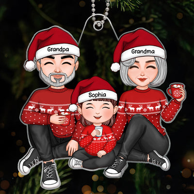 Christmas Cute Grandma Grandpa Sitting With Granddaughter Grandson Personalized Acrylic Ornament
