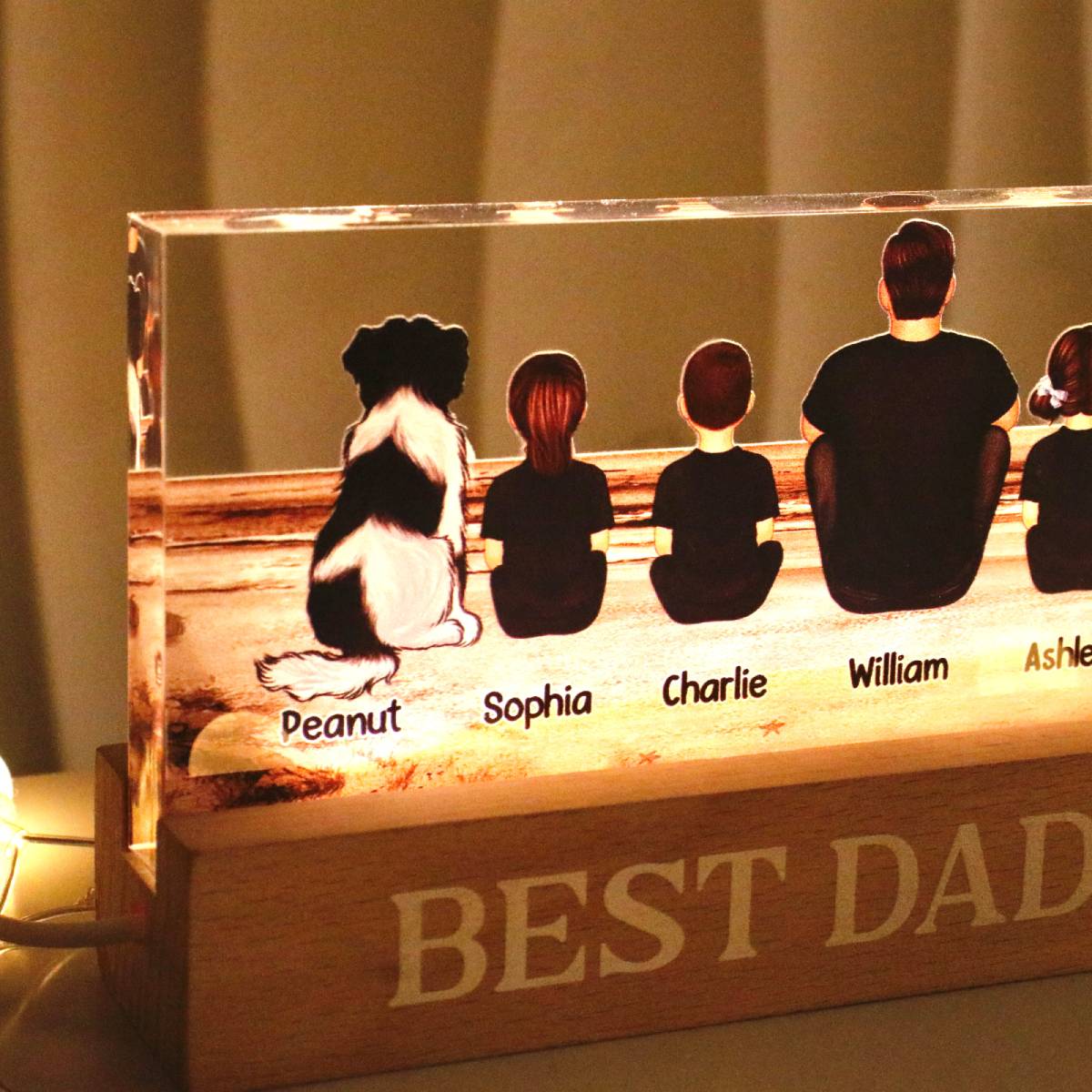 Retro Vintage Dad And Sons Daughters Sitting Beach Landscape Personalized Acrylic Block LED Night Light, Heartfelt Father's Day Gift For Dad