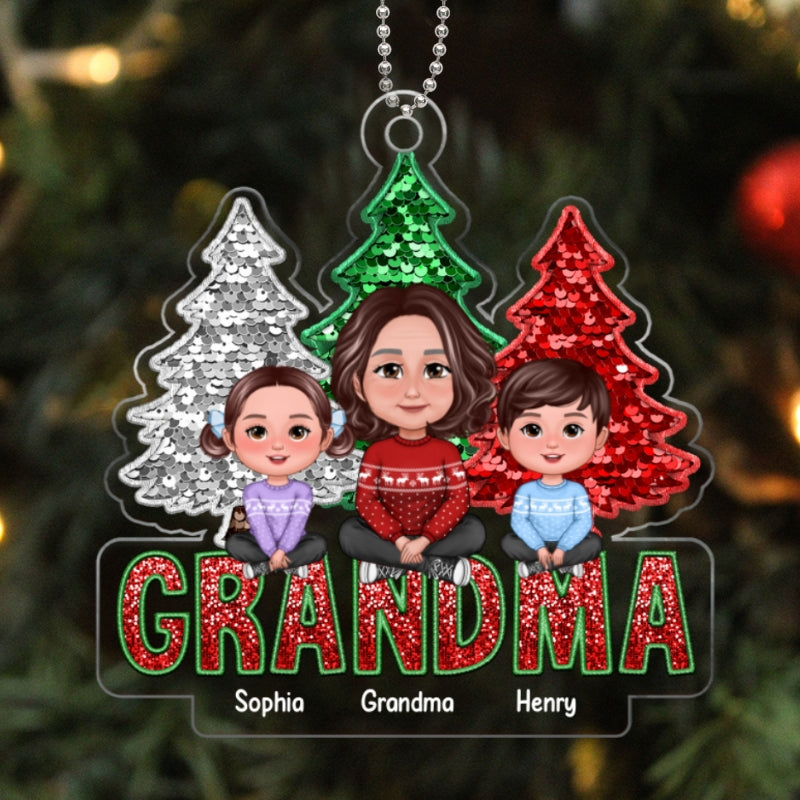Faux Sequin Red Green Christmas Grandma & Grandkids Sitting On Word Personalized Acrylic Ornament