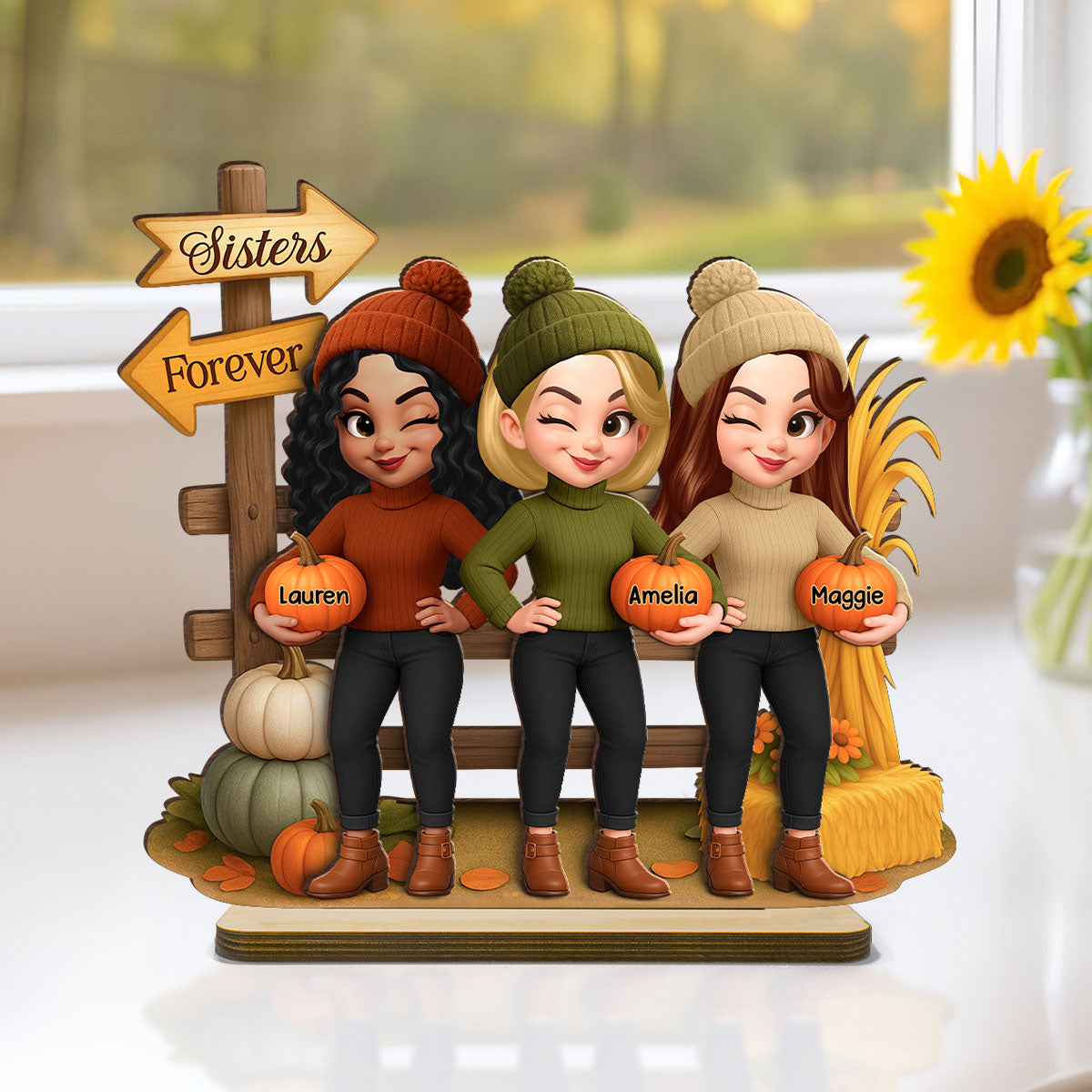 Besties Sisters Fall Season Fence Pumpkin Patch Personalized Standing Wooden Plaque