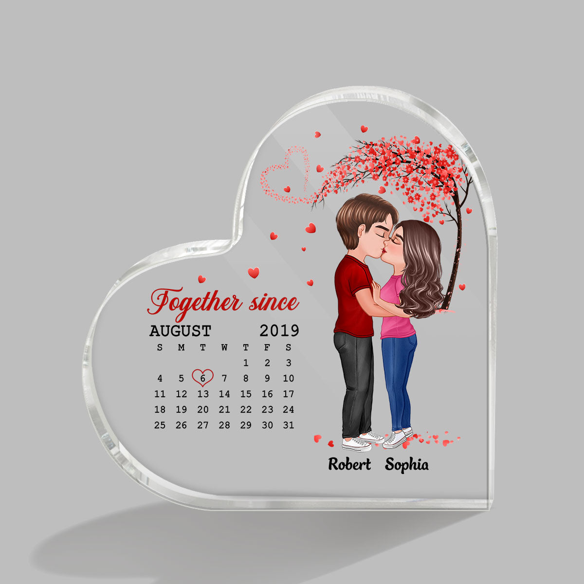 Doll Couple Kissing Under Red Heart Tree Calendar Anniversary Date Personalized Heart Acrylic Plaque