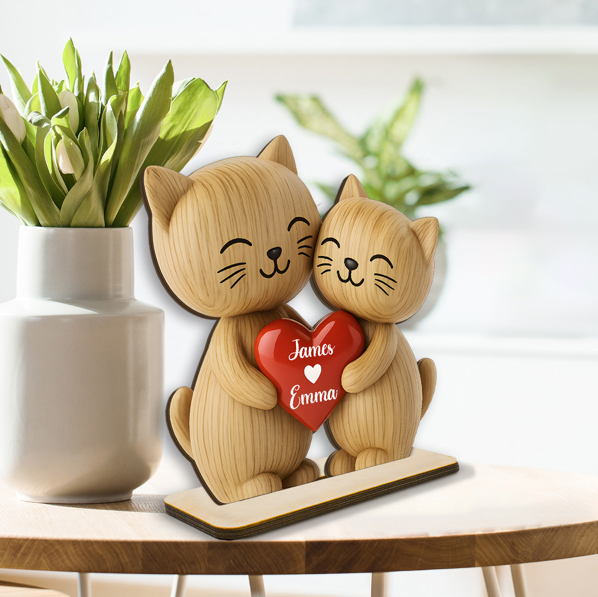 3D Effect Cat Couple Love Personalized Flat Standing Wooden Plaque| Heartfelt Birthday Gift, Anniversary Gift for Couple