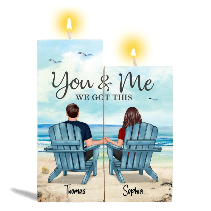 Back View Couple Sitting Beach Landscape Personalized Candle Holder
