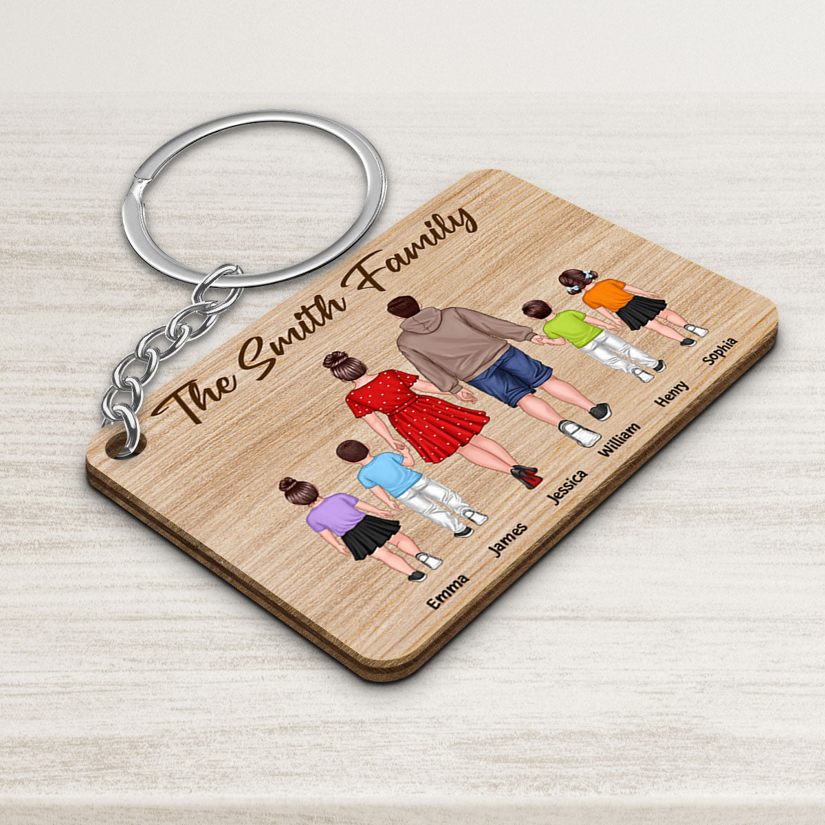 Whole Back View Family Walking Couple Dad Mom Kids Dogs Cats Personalized Wooden Keychain