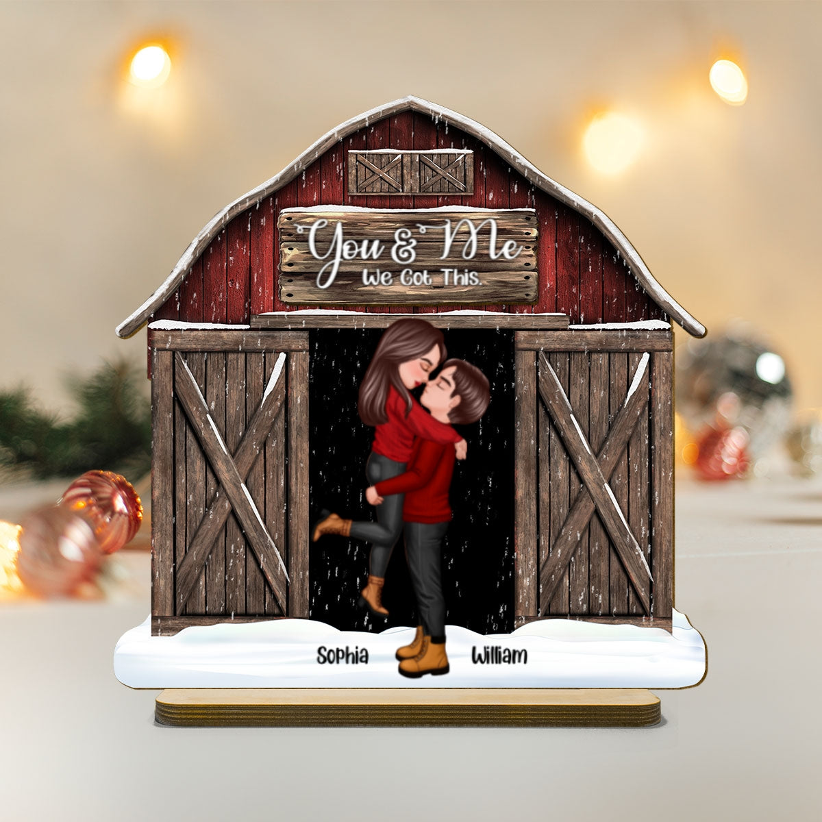Red Barn Christmas Couple Kissing Personalized 2-Layer Standing Wooden Plaque, Christmas Tiered Tray Decor