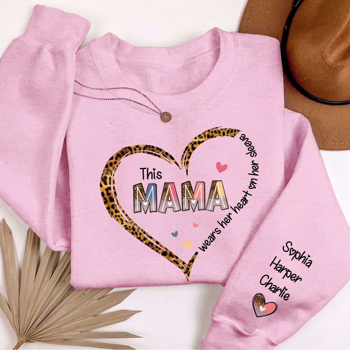 This Mom Mama Wears Her Heart On Her Sleeve Personalized Sleeve Printed Sweatshirt